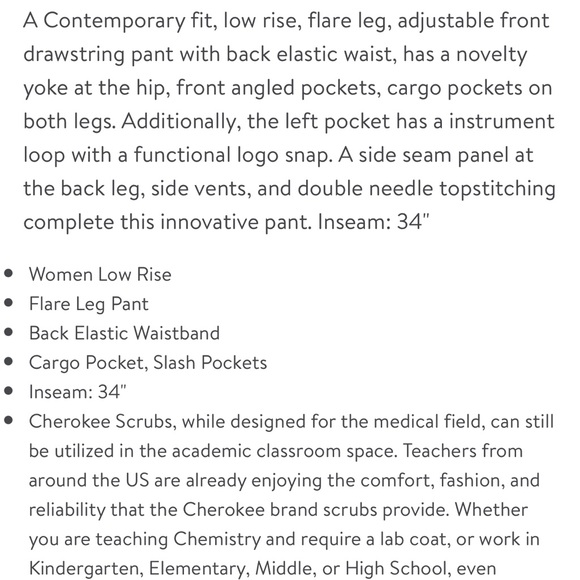 Scrubs Pant Low Rise Flare Leg Drawstring Cargo 21100 - Picture 5 of 12